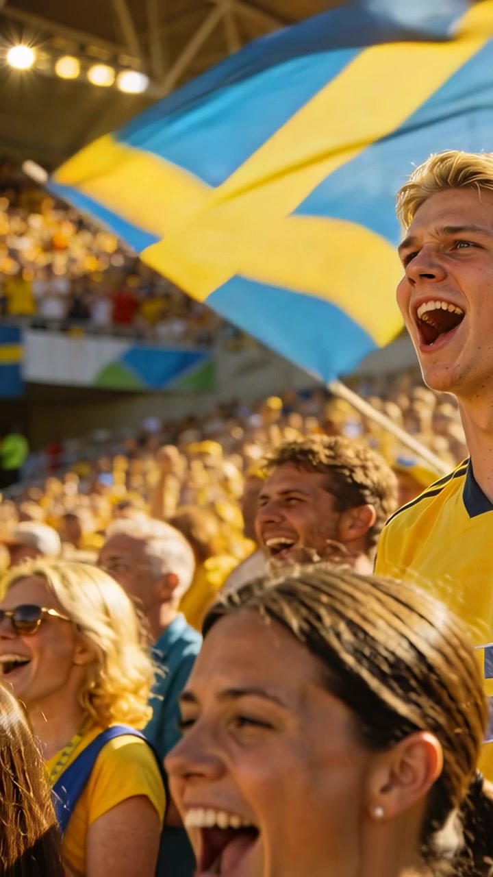 Vertikal video: Blond fan i gul top jubler på tribunen med flag efter kampen, med plads til tekst.
