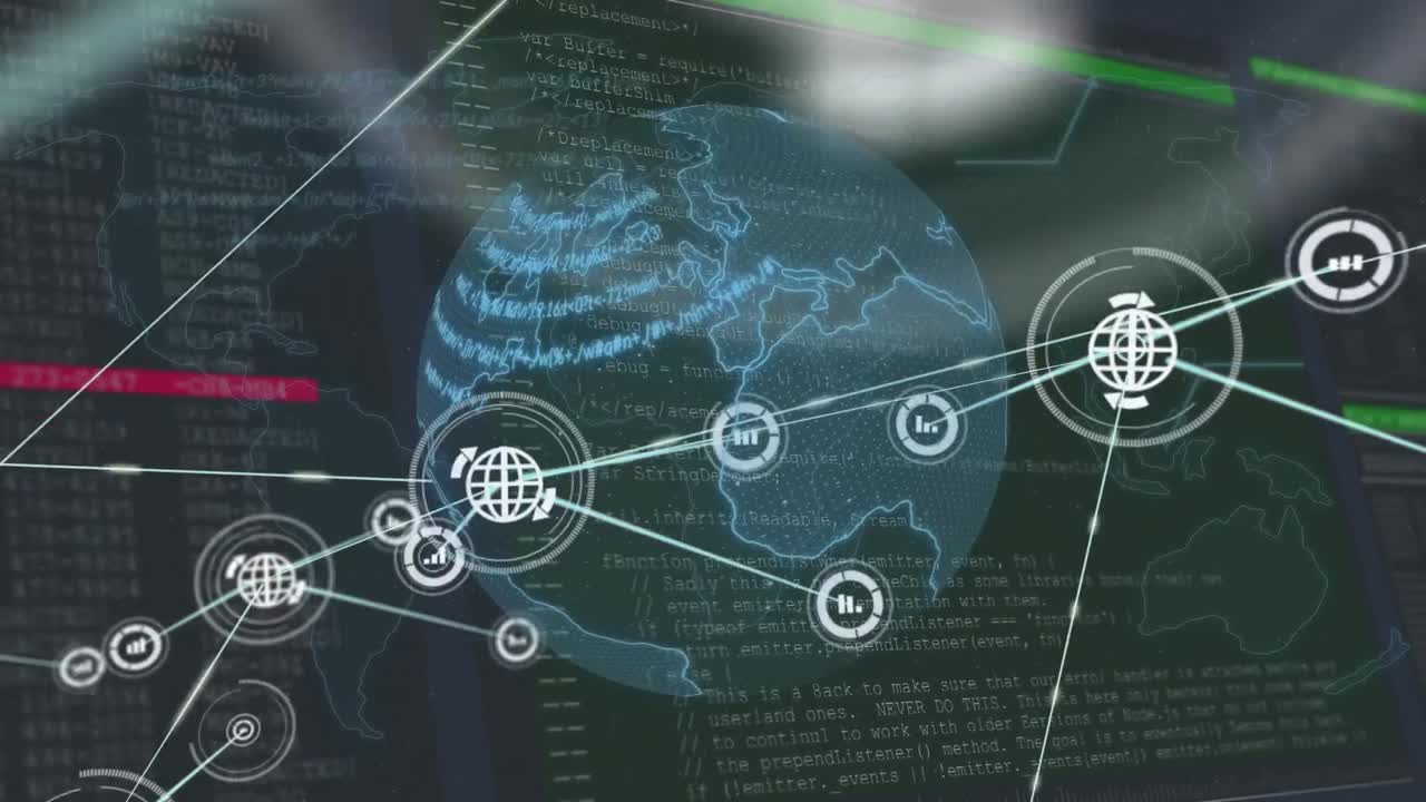 animación de la red de conexiones con iconos sobre el globo y el mapa del mundo con procesamiento de datos