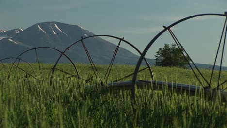 plano medio de rociadores de riego en tierras de cultivo de utah y las montañas la sal en el fondo