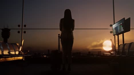 full body back view of asian businesswoman with rolling suitcase in boarding lounge at the airport, crossing her arms and looking around while waiting for flight, airplane takes off outside the window