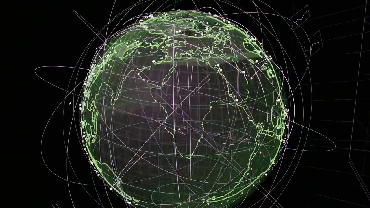 On play wire globe rotating, orbits sweeping nodes clustering, mapping network on transparent bg