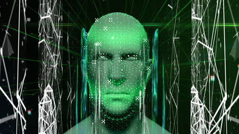 animación de la cabeza humana brillando con el procesamiento de datos de la interfaz digital