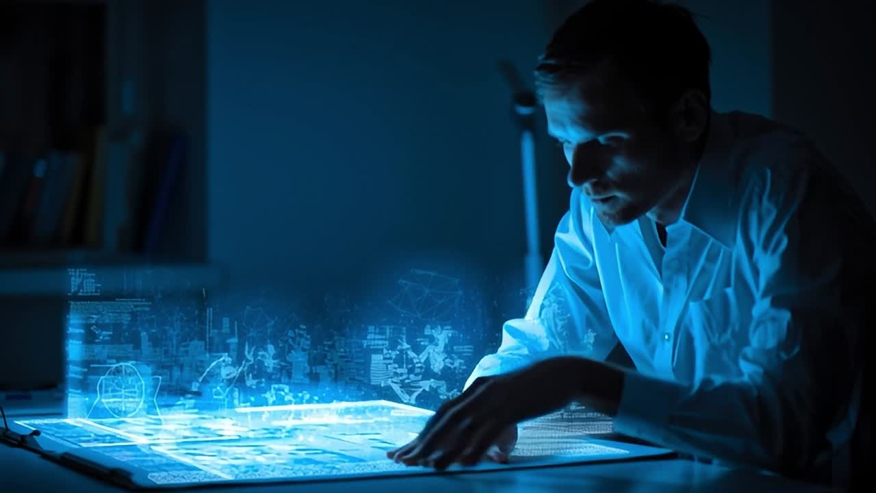 Mand med holografisk display i et mørkt kontormiljø