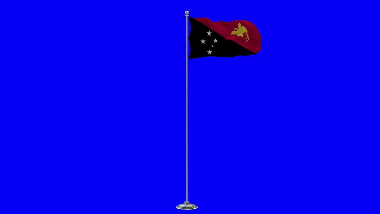 Papua New Guinea 3D Illustration Of The Waving flag On a Pole With Chroma key