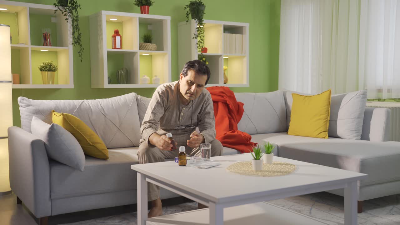 Emotionally sick man trying to recover at home alone, taking medicine, resting.