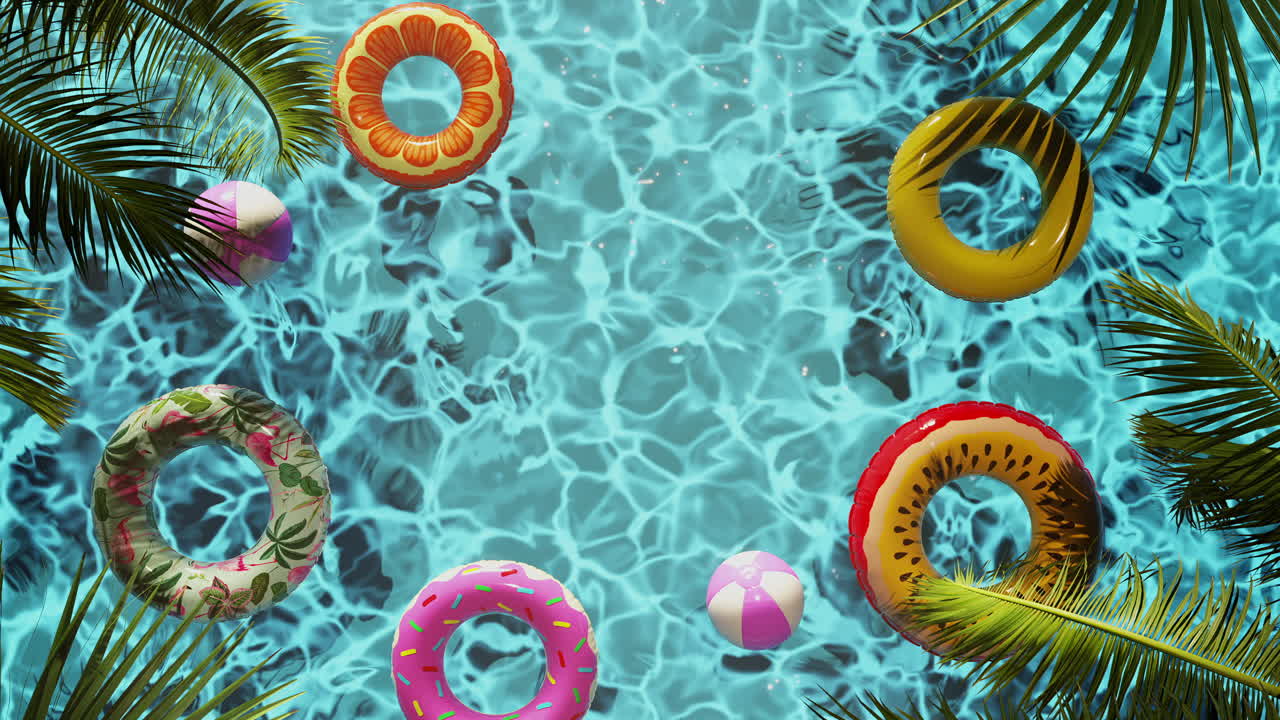 Loop multiple colorful lifebuoys in tropical pool