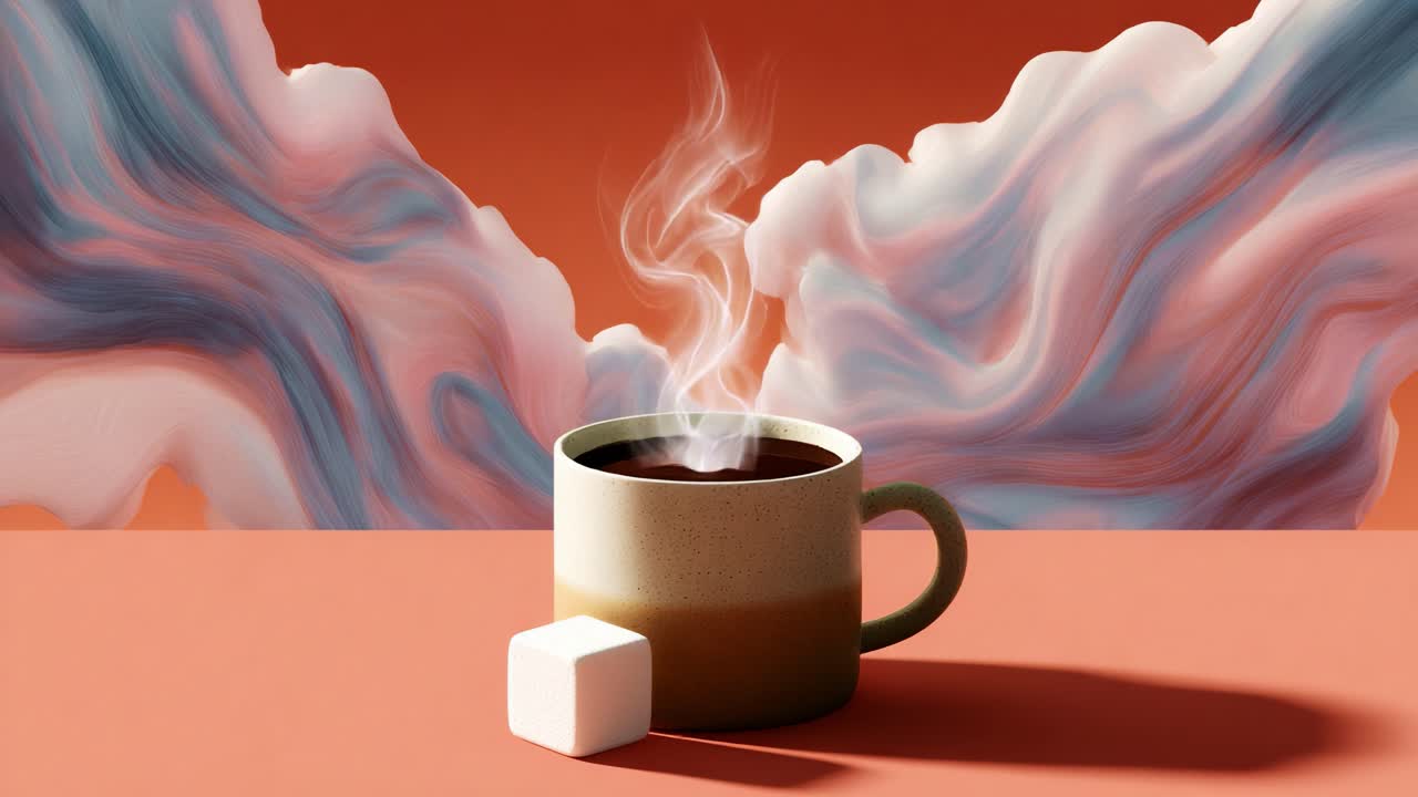 A Warm Cup of Coffee with Steaming Aroma Accompanied by a Soft Marshmallow, Set Against a Dreamy Swirling Background of Soft Pastel Colors Emphasizing Relaxation and Comfort