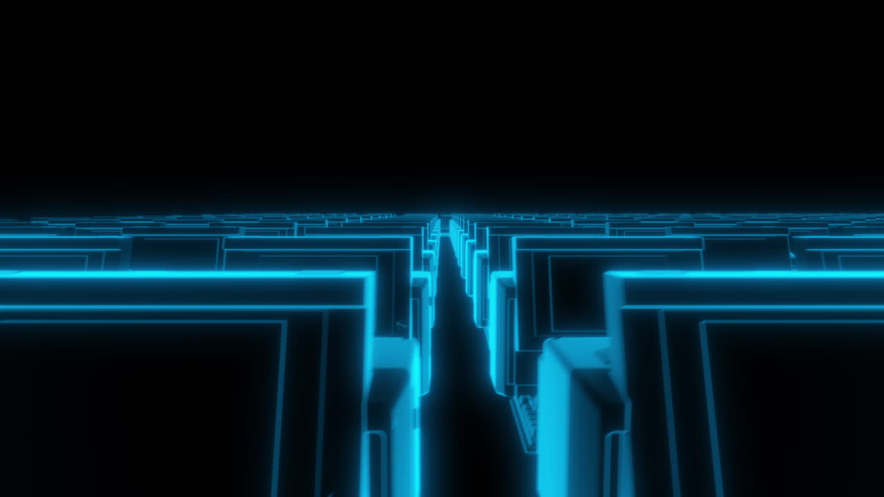 Close Up of Infinite Symmetrical Rows of Holographic PC Computers with Keyboards - 3D Animation