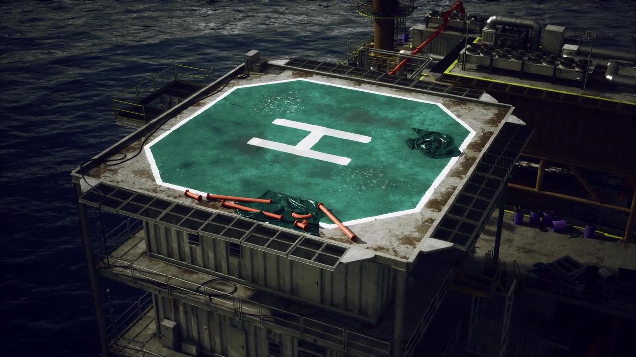 Illuminated platform with reflective waters and vivid lighting