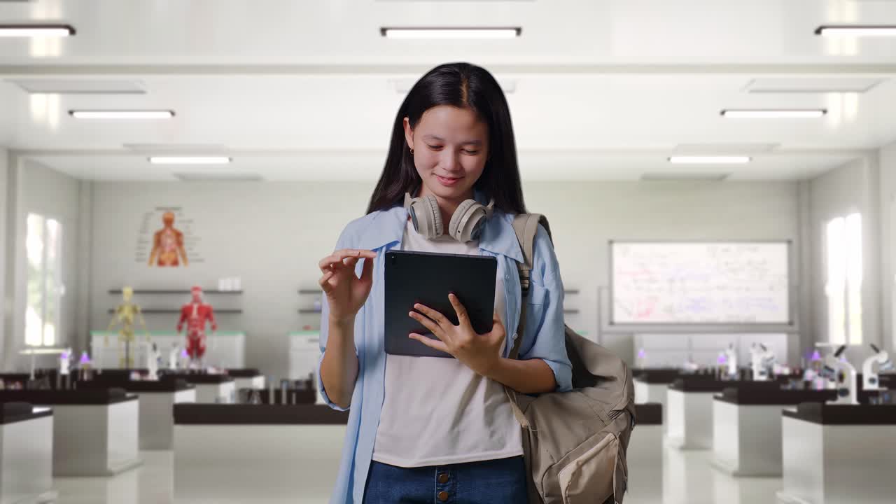 estudiante adolescente asiática con una mochila usando una tableta y apuntando a un lado mientras está de pie en el laboratorio de ciencias