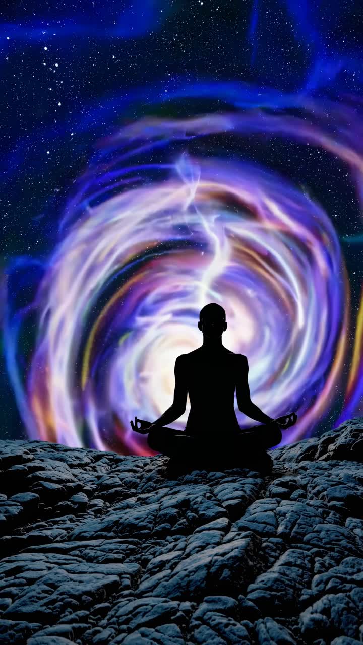 Silhouette meditating on rocky terrain with a swirling cosmic vortex