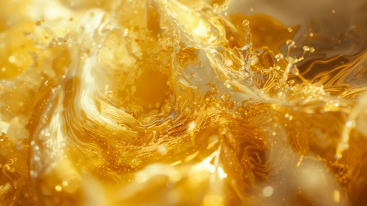 Rippling golden-hued fluid swirling in macro studio, with glowing highlights and dancing droplets