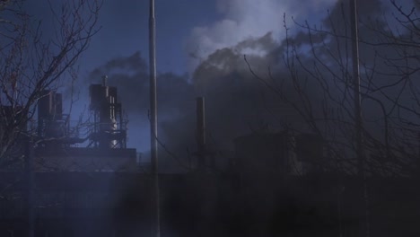 Factory-with-an-industrial-pipe-and-lightning-in-clouds