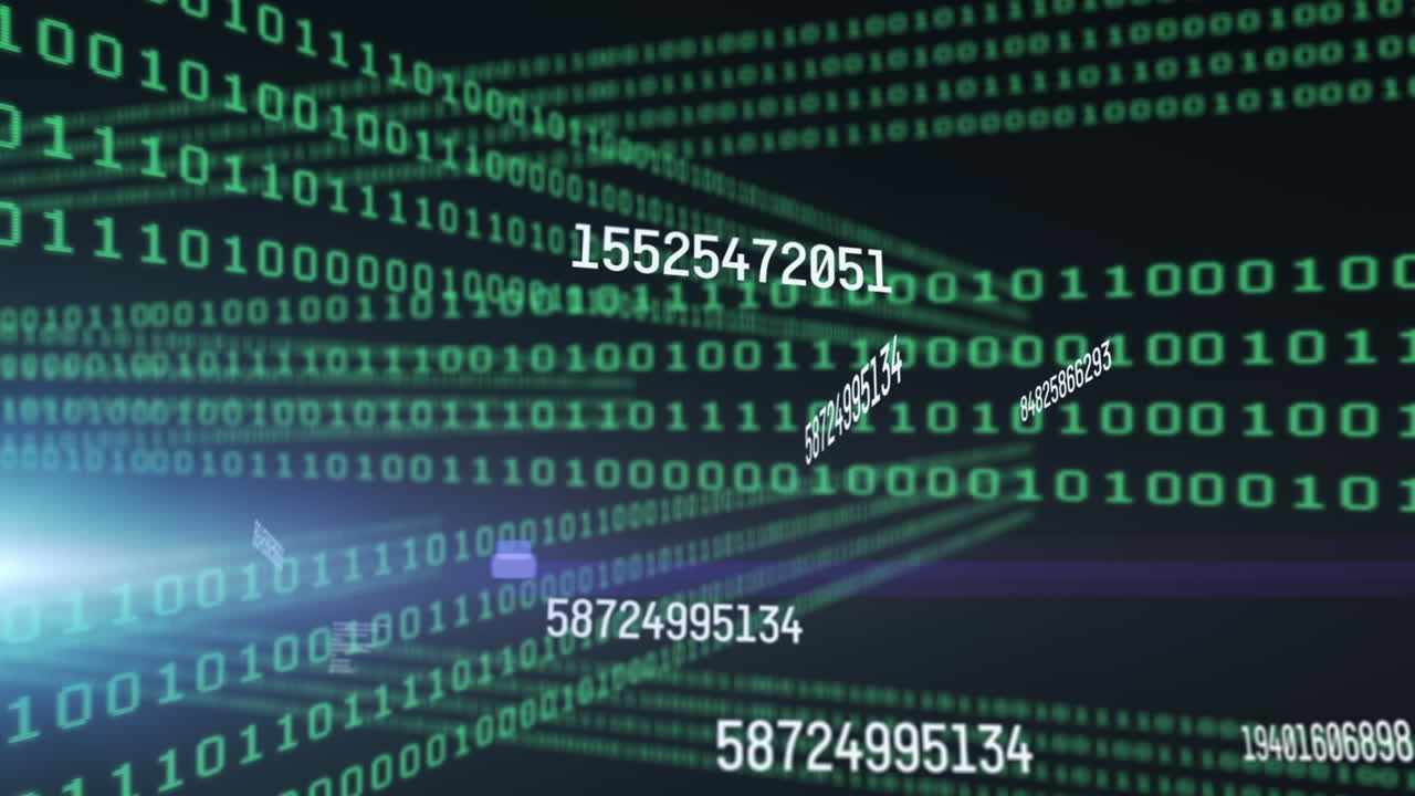 Digital animation of changing numbers and binary coding data processing against black background