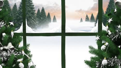 Animation-of-christmas-trees-by-window-with-snow-falling-on-winter-landscape-outside