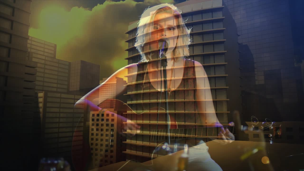 Woman singer playing guitar, singing for crowd on stage, lighting shifting cityscape overlaying her
