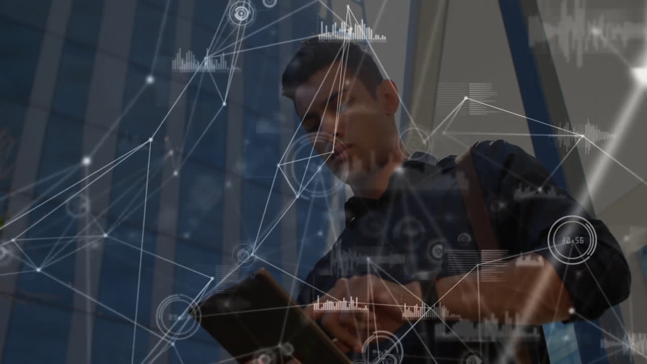 Man tapping tablet in business district, showing floating network nodes and bar graphs