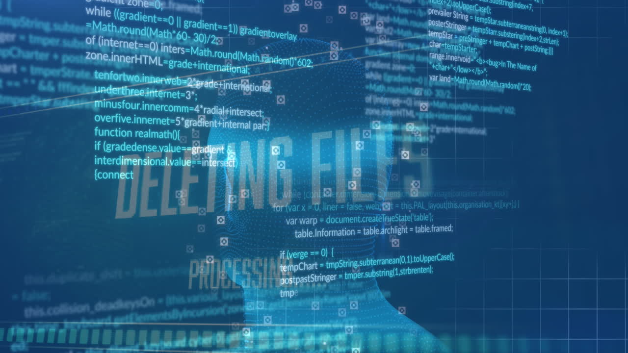 파란색 배경에 회전하는 인간의 머리 모델에 대한 그리드 네트워크를 통해 데이터 처리의 애니메이션