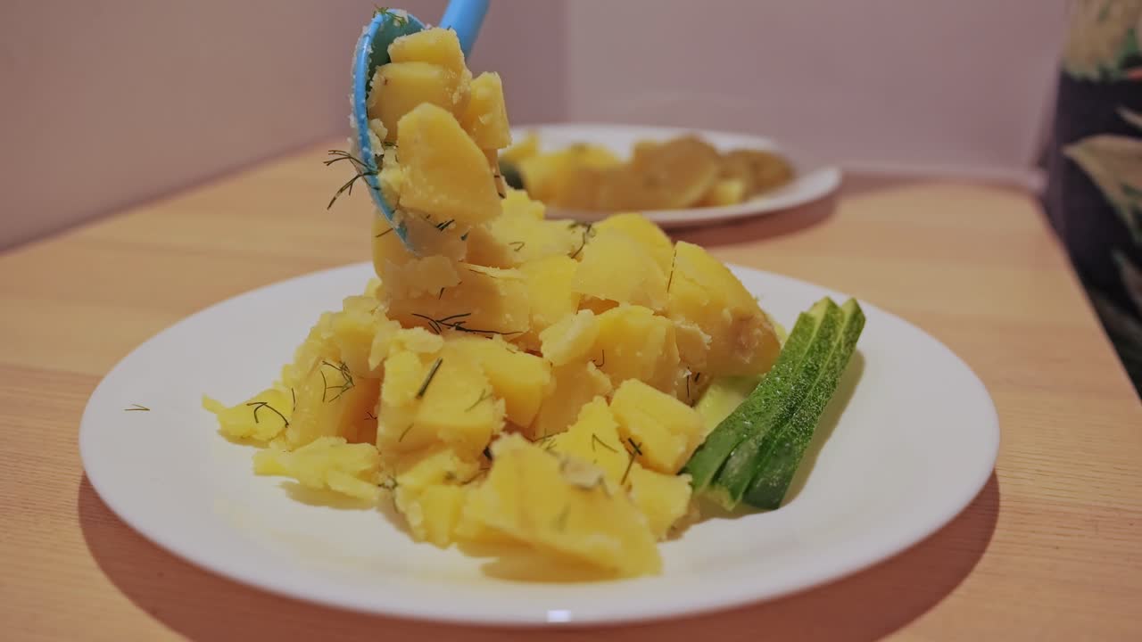 Traditional Latvian side dish served with plastic spoon in warm light