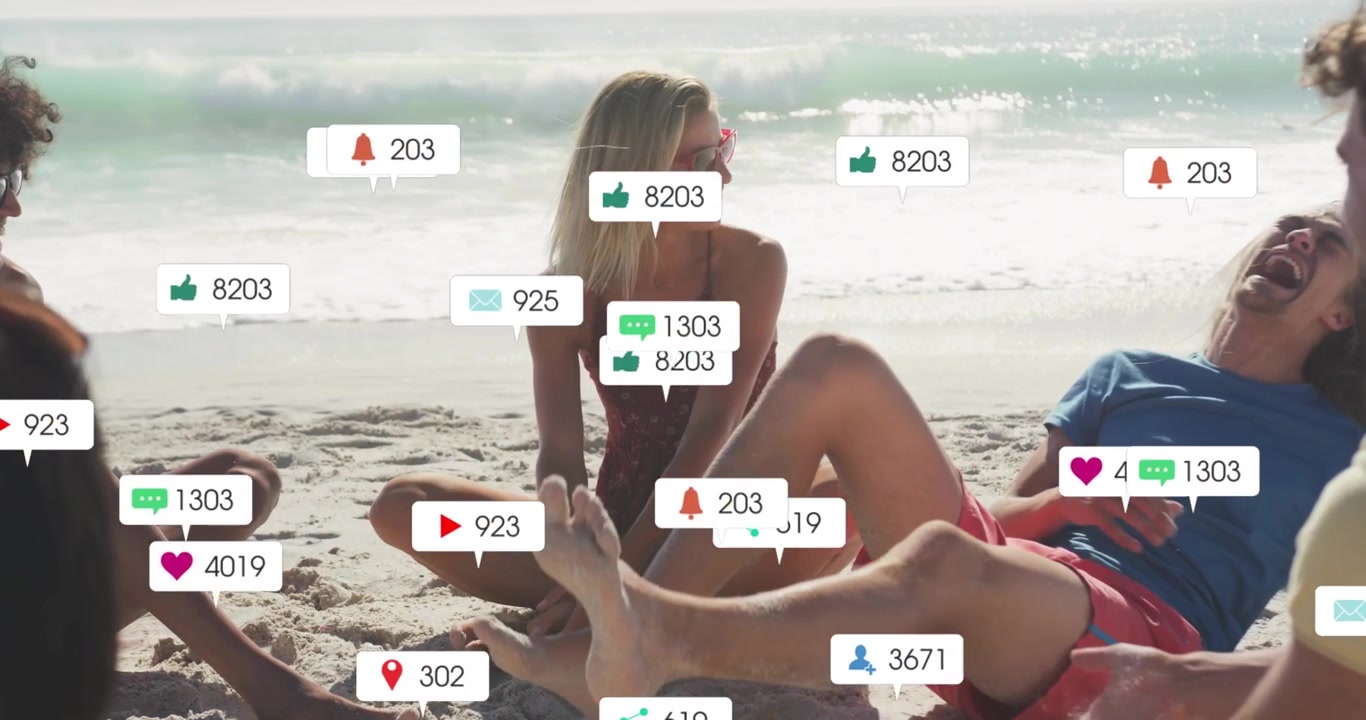 After 1 second friends laughing on shore as AR social icons floating, counts rising for engagement