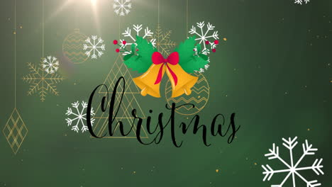animación de copos de nieve cayendo sobre la pancarta de texto de navidad, colgando decoraciones en fondo verde
