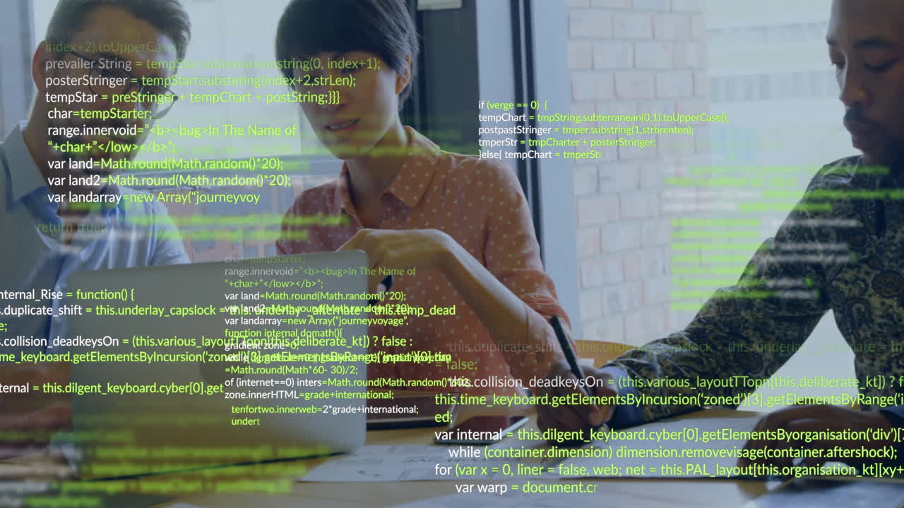 Three developers collaborating around laptop, with floating code overlay in technology presentation