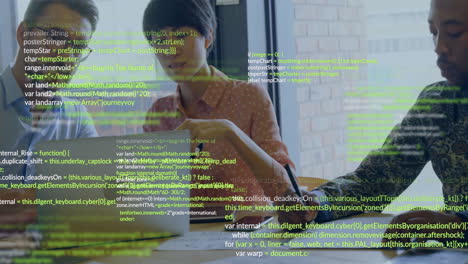 three developers collaborating around laptop, with floating code overlay in technology presentation