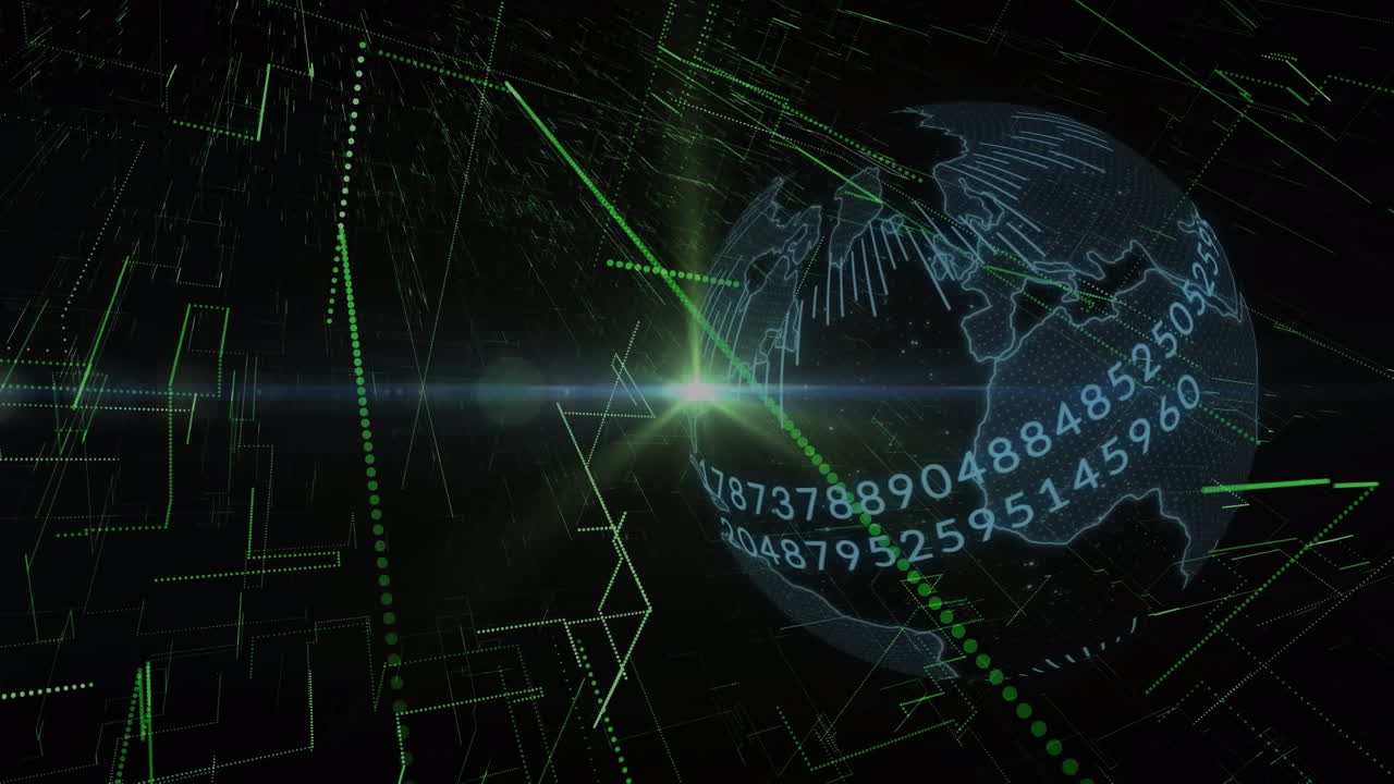 animación de puntos de luz y senderos de luz verde contra el procesamiento de datos sobre el globo giratorio