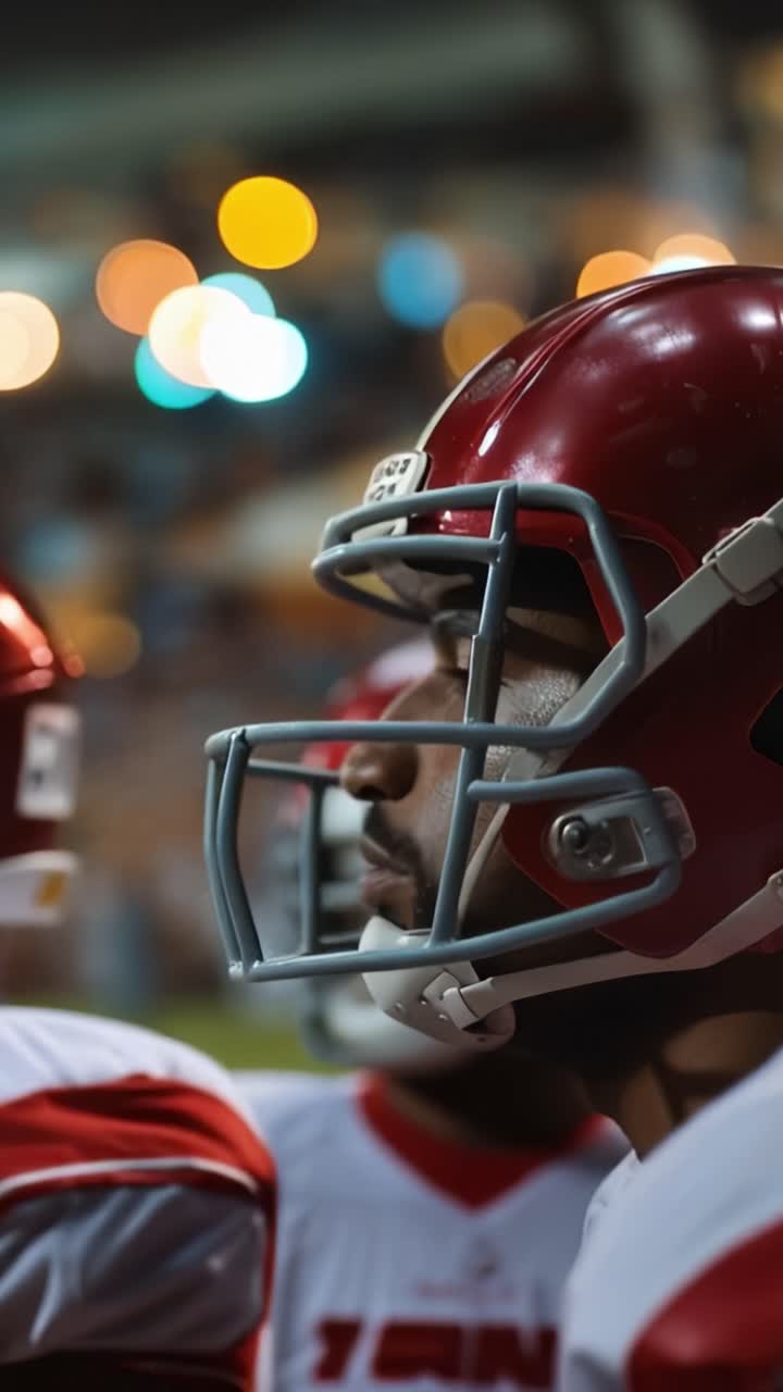 Messa a fuoco intensa: un primo piano su due giocatori di football americano con caschi rossi pronti all'azione, catturando lo spirito di competizione e lavoro di squadra sul campo