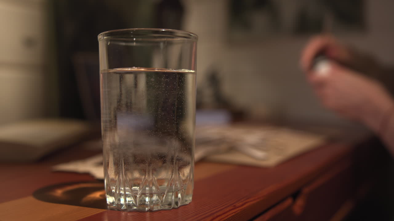 Bicchiere d'acqua su tavolo di legno, mani sfocate che tengono il telefono sullo sfondo, luce calda e soffusa di lampada, condensa