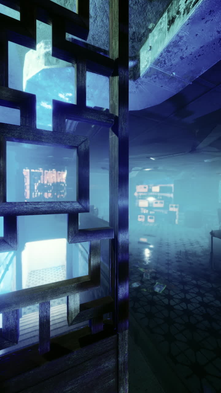 Vibrant neon lights illuminate an urban space with intricate designs at night