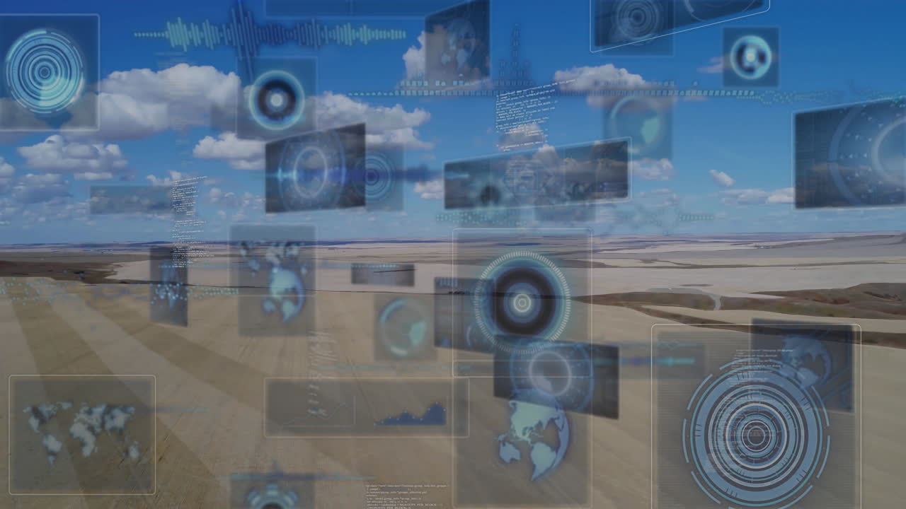 Animation overlaying digital interface elements on aerial view of agricultural fields