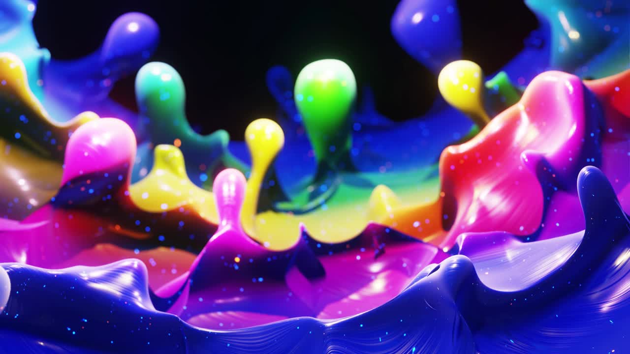 4k에서 액체 그라디언트 무지개 색의 부드러운 추상 애니메이션, 추상적인 루프 축제 배경으로 밝은 반이는 페인트 표면, 물방울처럼 표면에 3d 스플래시와 함께 점성 액체에 반이는.