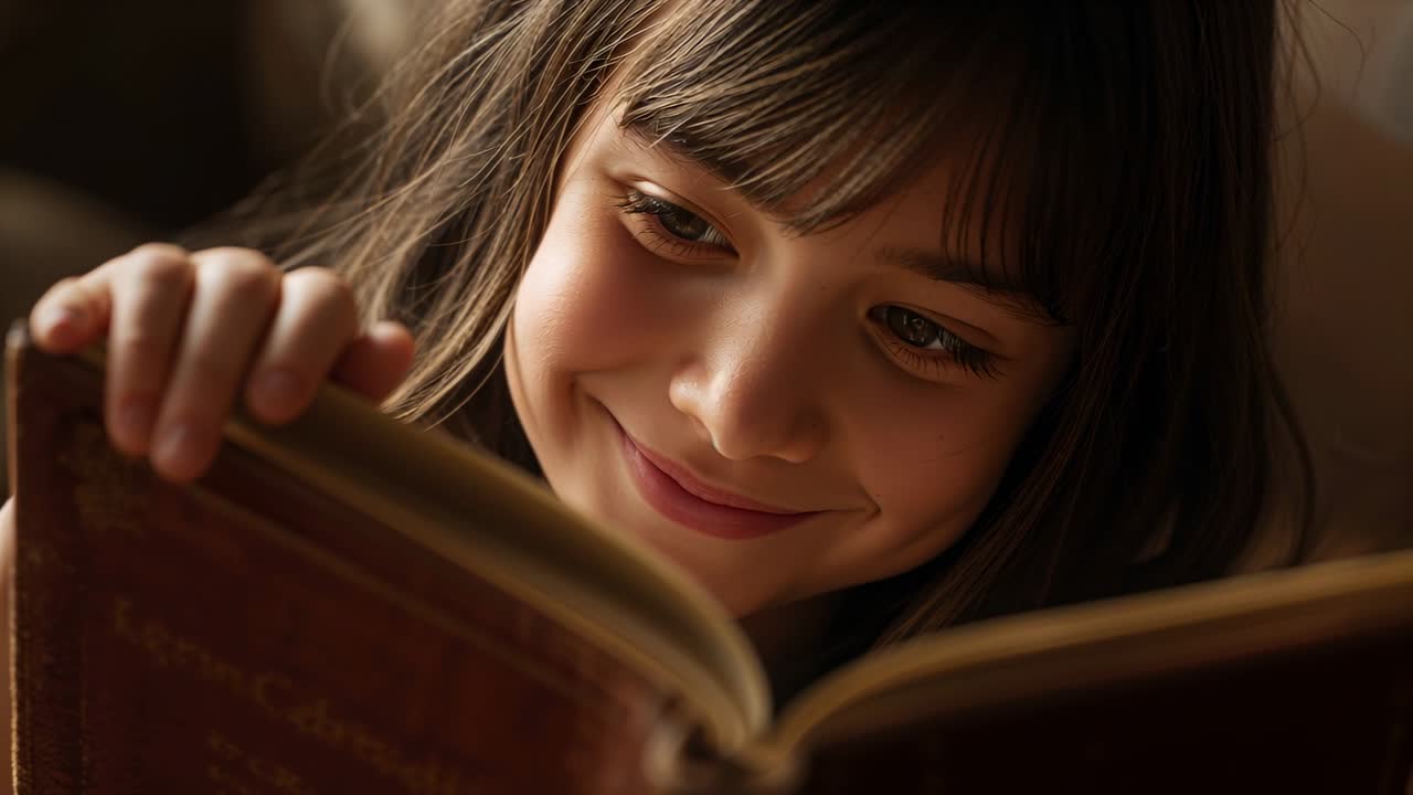 Ragazza che apre un libro con copertina rigida, con un top leggero, scorre il testo e gira le pagine sul divano per piacere.