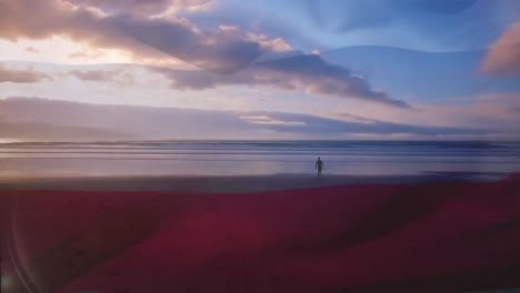 animation of loading euro sign, changing numbers over man walking with surfing board towards ocean