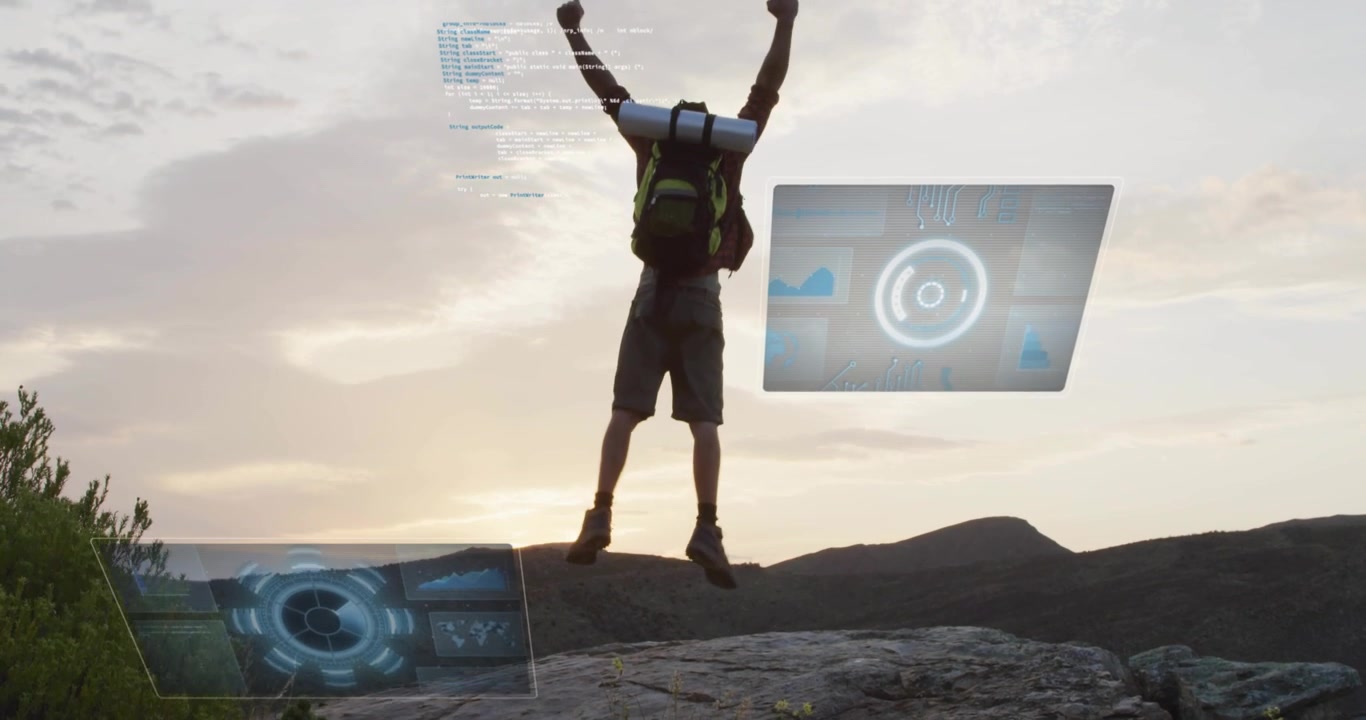Hiker stepping onto rocky outcrop activating digital HUD panels streaming data around silhouette