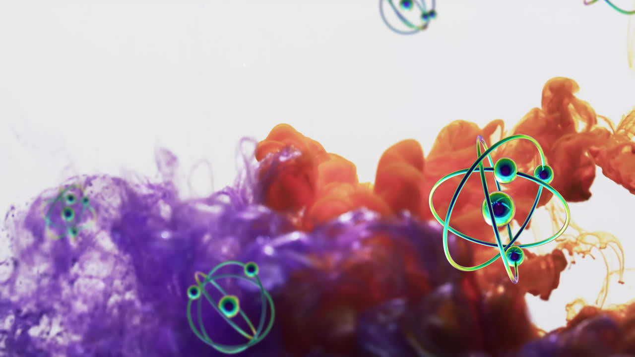 Animation of moving molecules with red and blue shapes on white background