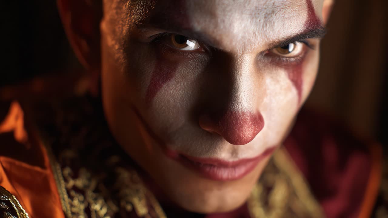 Mysterious Clown Character with Dramatic Make-up and Intense Gaze Captured in Two Frames