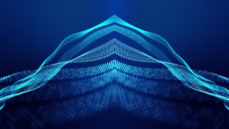 sci-fi abstract theme with particle mirror waves. 4k looped abstract blue background of glow particles form curved lines, surfaces simmetrical structures. digital bg with particle hologram.