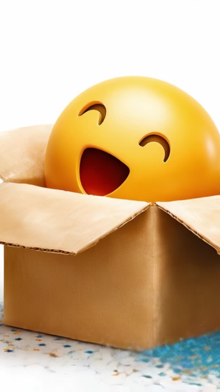 Un'emoji gioiosa spunta da una scatola con coriandoli colorati che riempiono lo sfondo, evocando sentimenti di felicità ed eccitazione in una vivace esposizione.