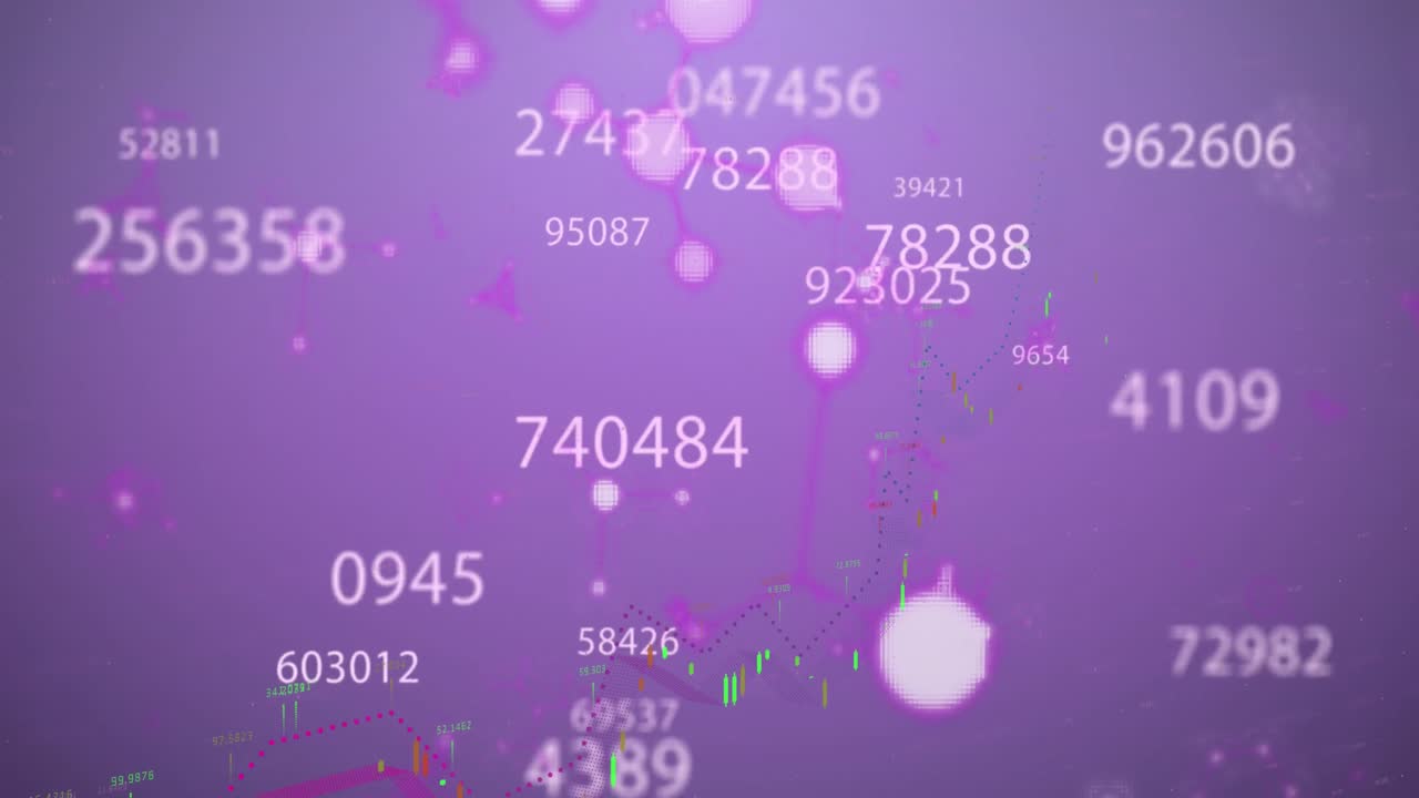 animación de números y procesamiento de datos financieros sobre fondo púrpura