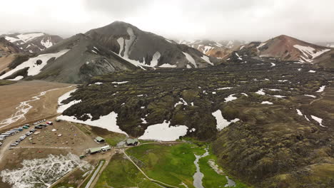 campsite in the landmannalaugar valley aerial shot iceland aerial