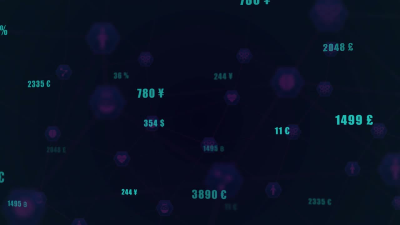 Camera panning revealing hexagon nodes and teal currency labels pulsing, shifting and showing flows