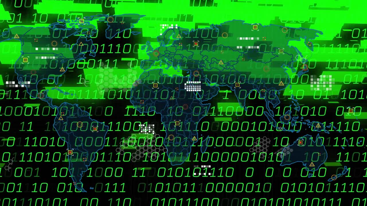 On load digital world map emerging, binary digits drifting, data bars pulsing for cyber monitoring