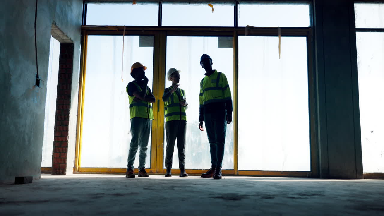 Construction Workers Discussing Project at Construction Site
