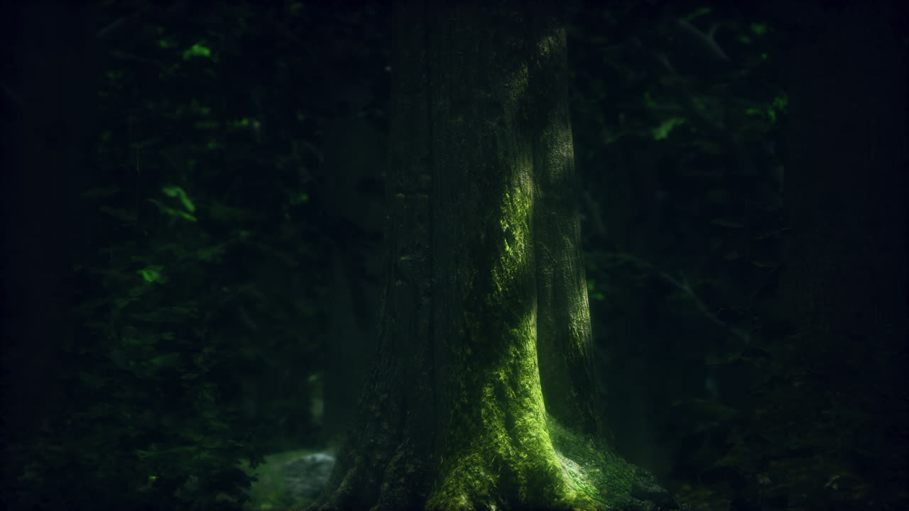 bosque encantado: un tronco de árbol místico en los bosques profundos