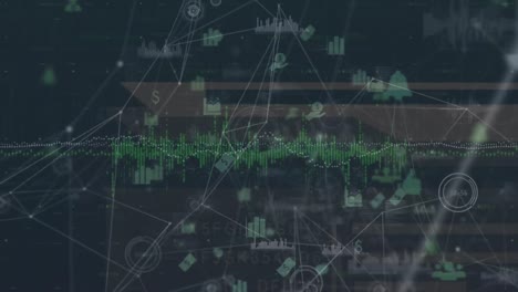 Animation-of-connections,-data-and-icons-over-landscape-at-sunset