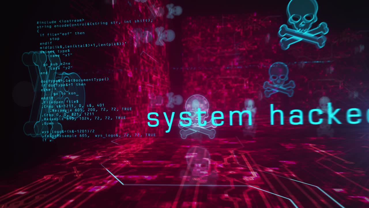 pirata del cráneo y símbolos de ciberataque en línea concepto cibernético de bucle