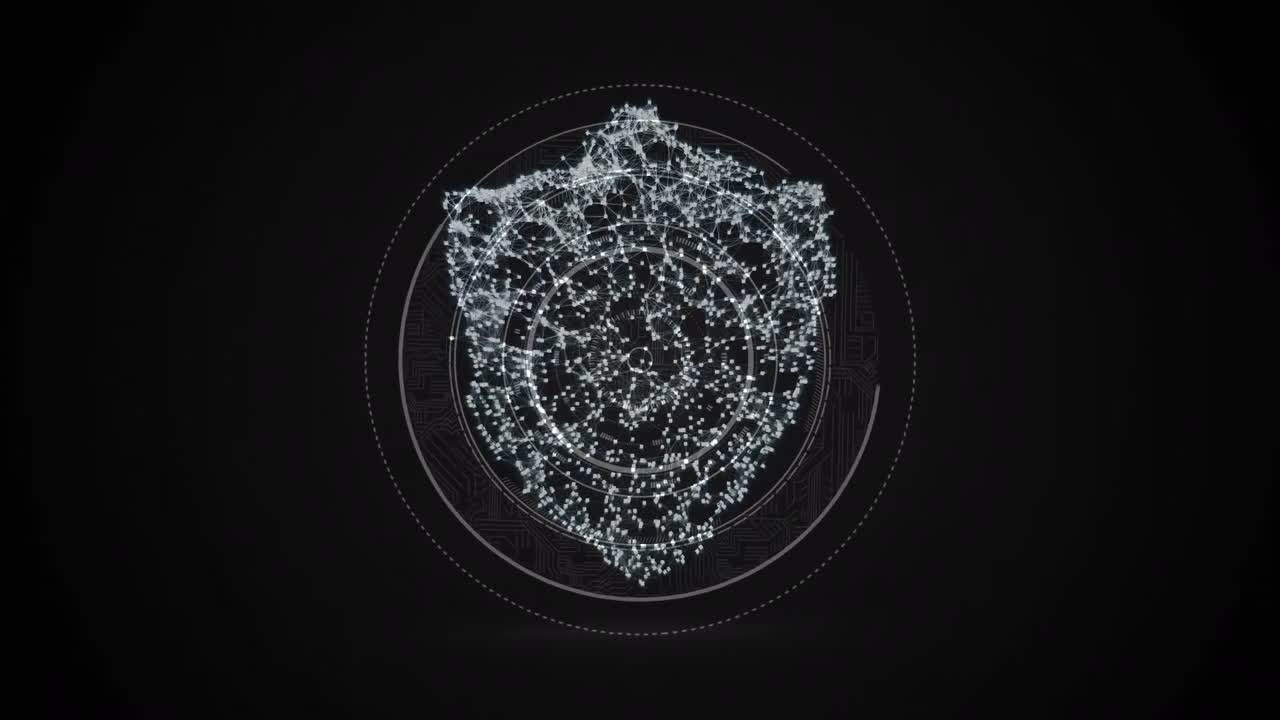 animación de un candado digital sobre un fondo negro con círculos giratorios