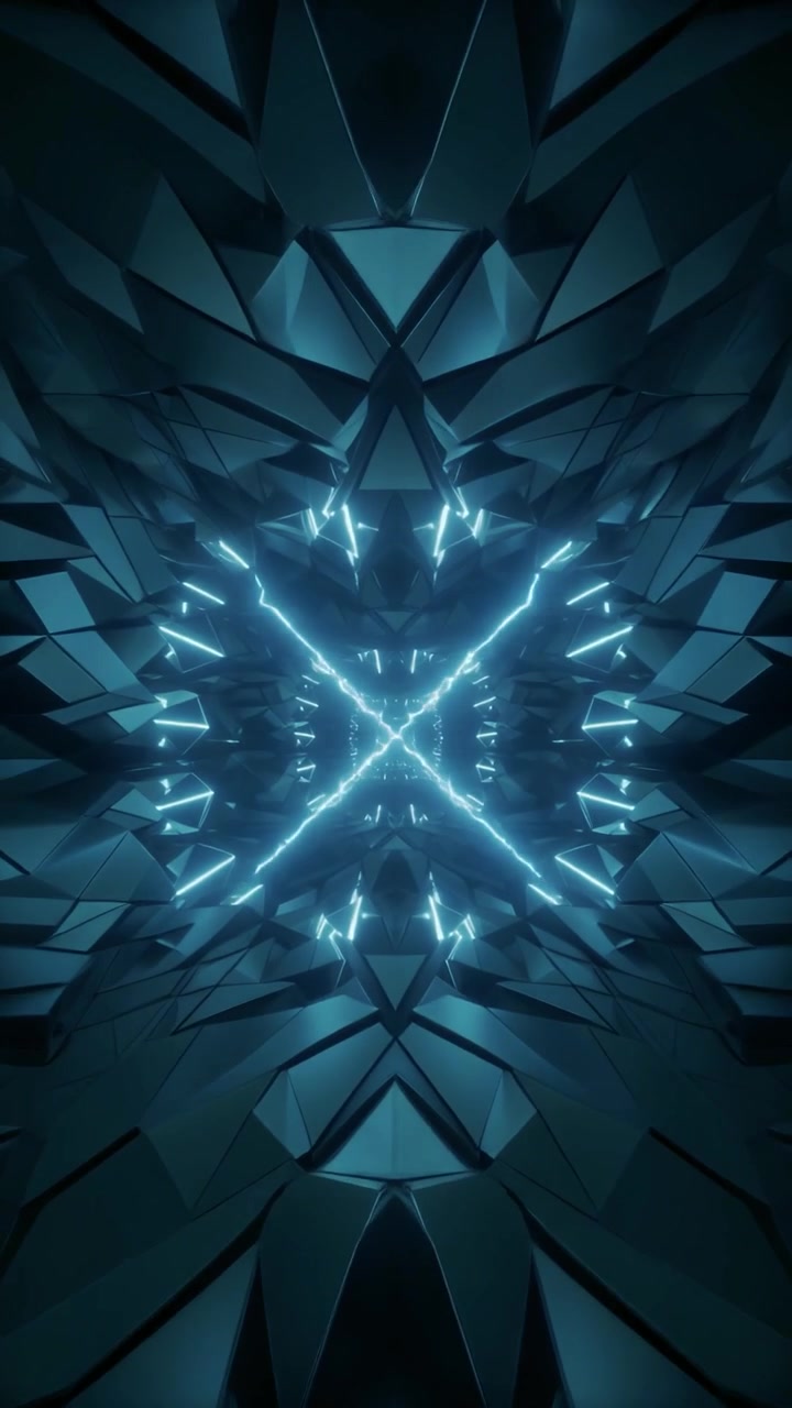 Tunnel Geometrico Astratto con Luci al Neon Blu Luminose